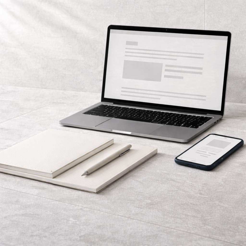 A laptop, a smartphone, a notebook, and a pen on a light-colored surface.