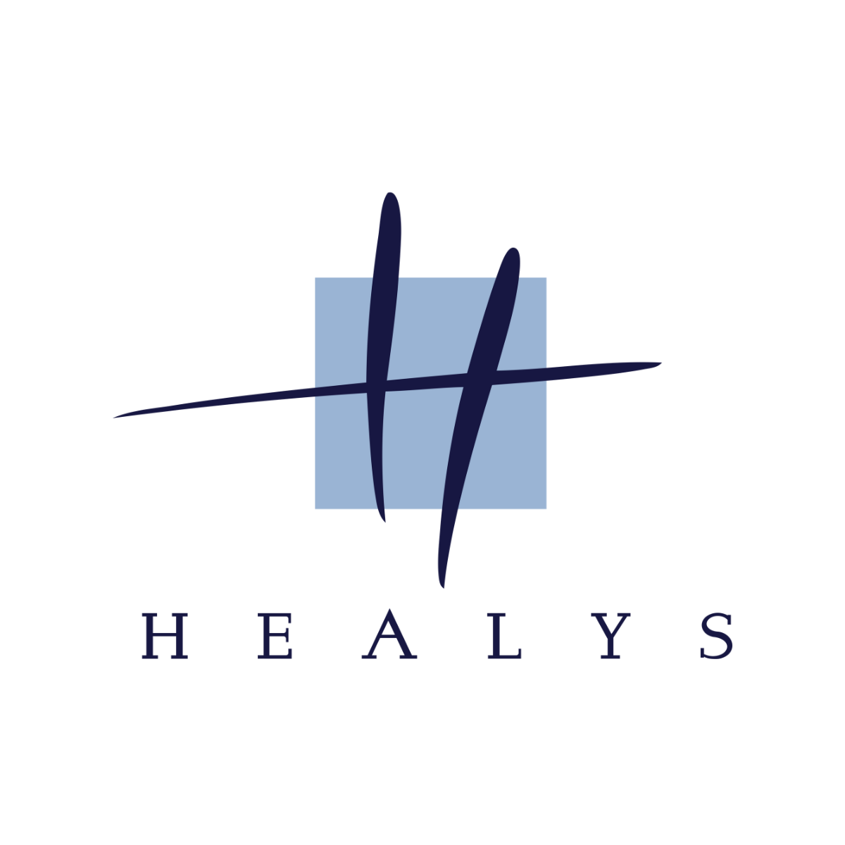 Logo with the word 'HEALYS' and a stylized 'H' letter design over a light blue square background.