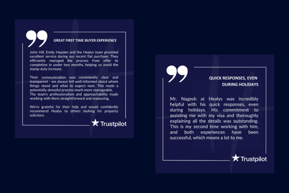 Testimonial assets created from Trustpilot reviews, designed and shared across social media to highlight client satisfaction and reinforce the firm’s credibility. The work translated client feedback into clear, on-brand content to support engagement 