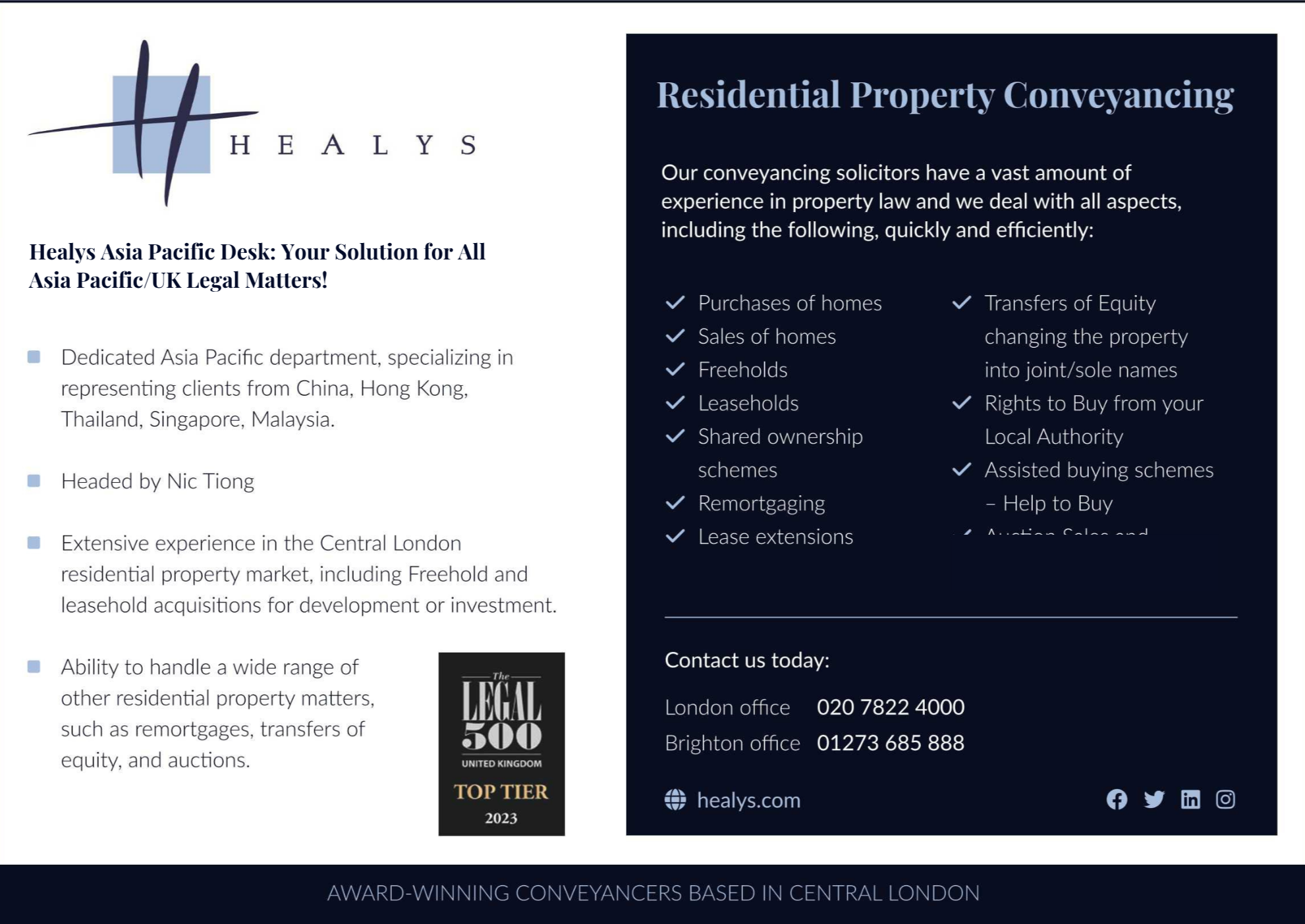 Advertisement designed for placement on My London Home, a London-based property platform, to promote Healys’ residential conveyancing services. The layout was structured to clearly communicate key services and credentials, ensuring a professional and