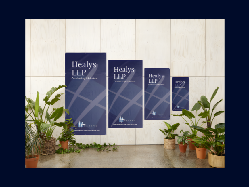 Roll-up banners designed as part of the firm’s rebrand, created for use across events and external-facing environments. The designs ensured consistency with the updated visual identity while translating the brand effectively into large-format, physic