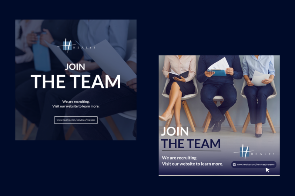 Recruitment campaign assets designed and written to support hiring initiatives across social media and LinkedIn advertising. The work combined clear, conversion-focused messaging with brand-aligned visuals to attract candidates and drive engagement w