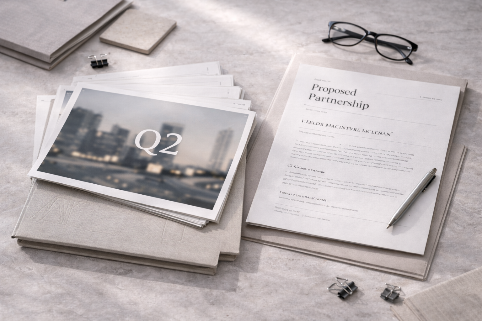 Business documents, glasses, and office supplies on a desk, including a proposal titled 'Proposed Partnership' and a brochure with 'Q2' on it.