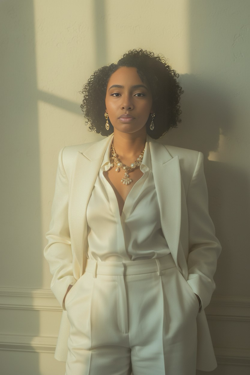 A woman in a white suit with jewelry, standing against a wall with sunlight shadows.