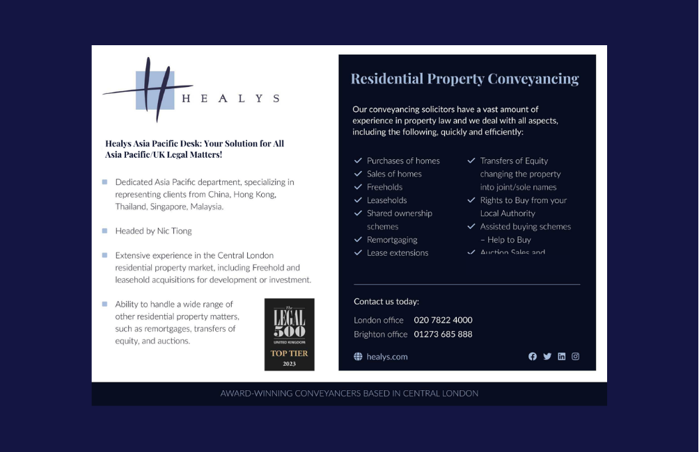 Advertisement designed for placement on My London Home, a London-based property platform, to promote Healys’ residential conveyancing services. The layout was structured to clearly communicate key services and credentials, ensuring a professional and