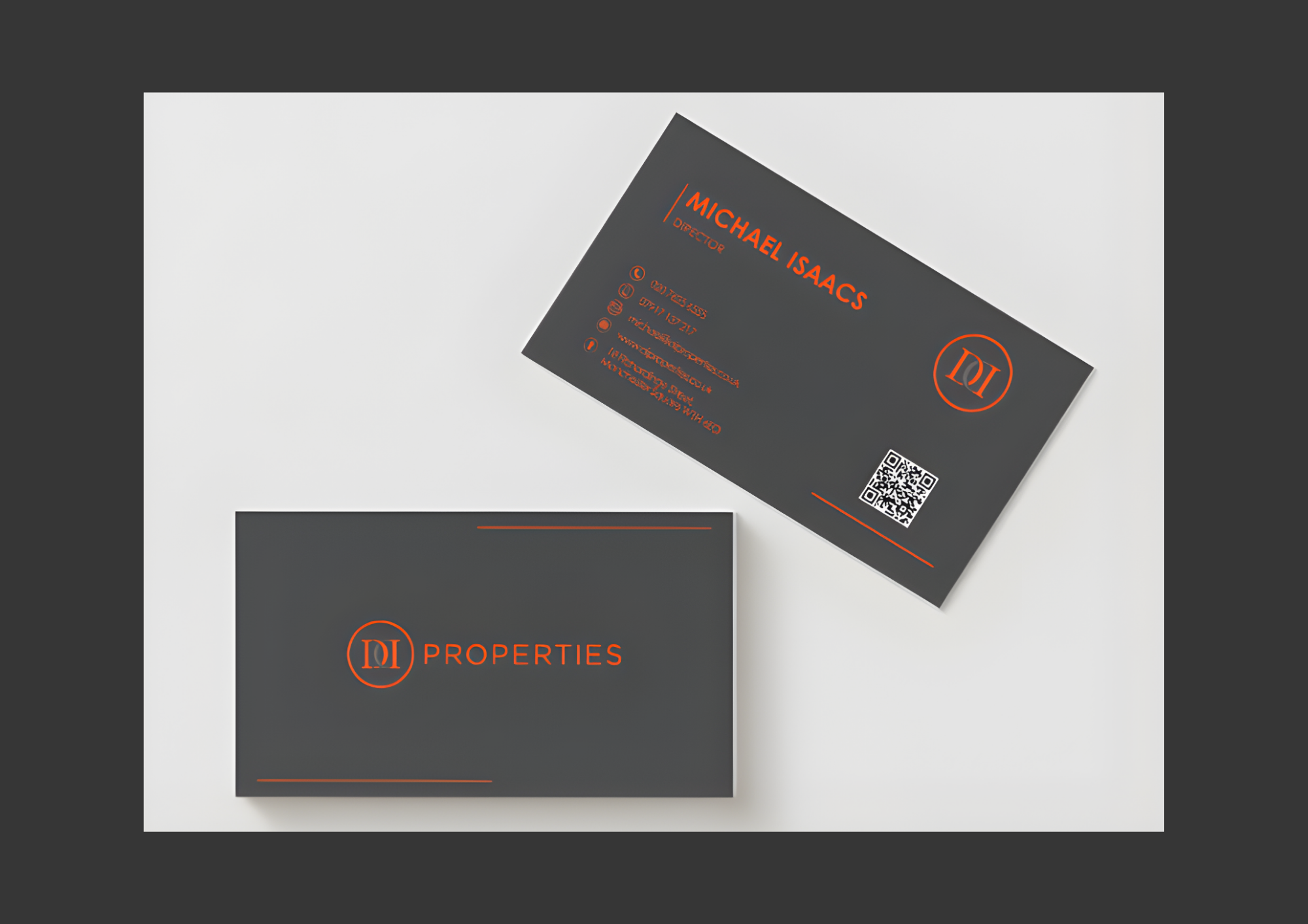 Business card design developed for print, translating the brand identity into a clean, structured and client-facing format.

The design incorporates a scannable QR code, enabling instant contact saving and enhancing usability while maintaining a prof
