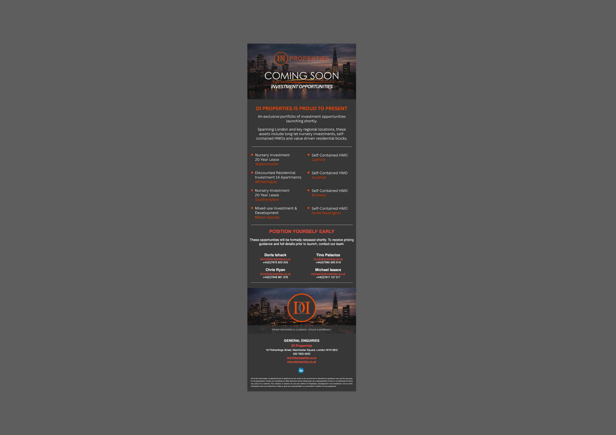 Email campaign developed to introduce and promote a portfolio of investment opportunities, combining clear information hierarchy with a strong visual identity.

The design focuses on guiding the reader through key details while building early interes