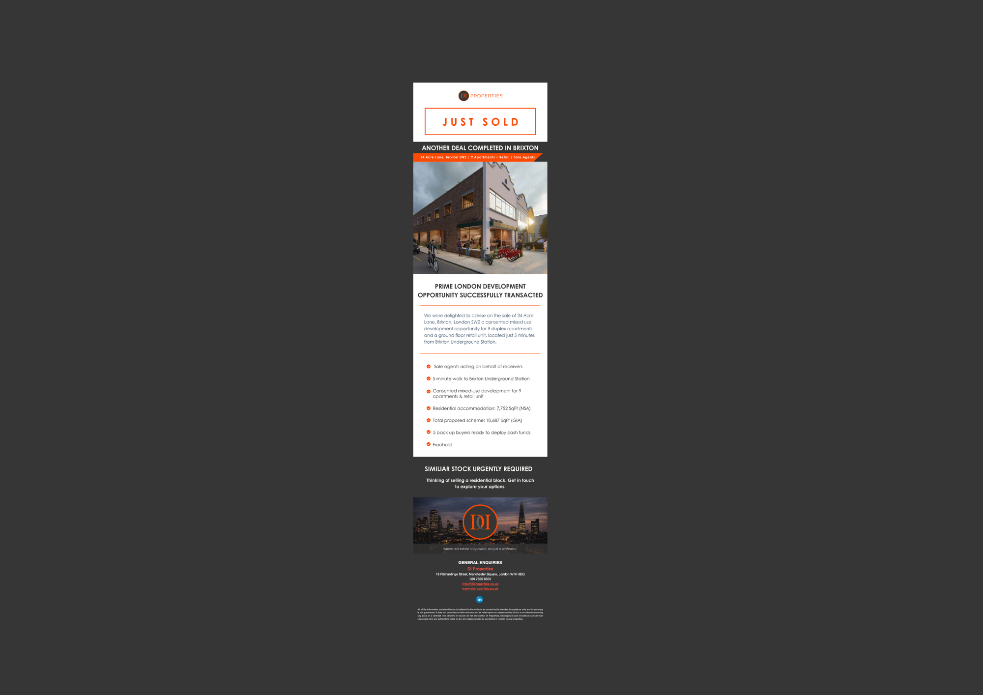 Email campaign developed and distributed to communicate the successful transaction of a mixed-use development opportunity in Brixton, London.

Designed to present key information with clarity and authority, the campaign reinforces credibility, highli