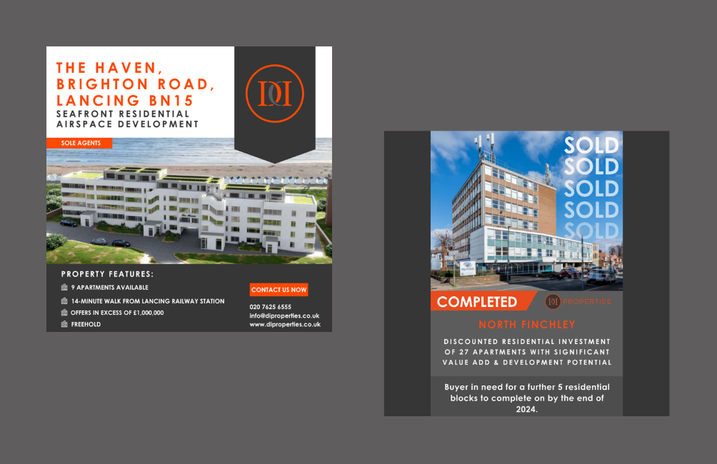 Ongoing marketing and social media assets developed for DI Properties, supporting the promotion of investment opportunities, showcasing completed transactions and driving demand for additional stock.

The work focuses on presenting property informati