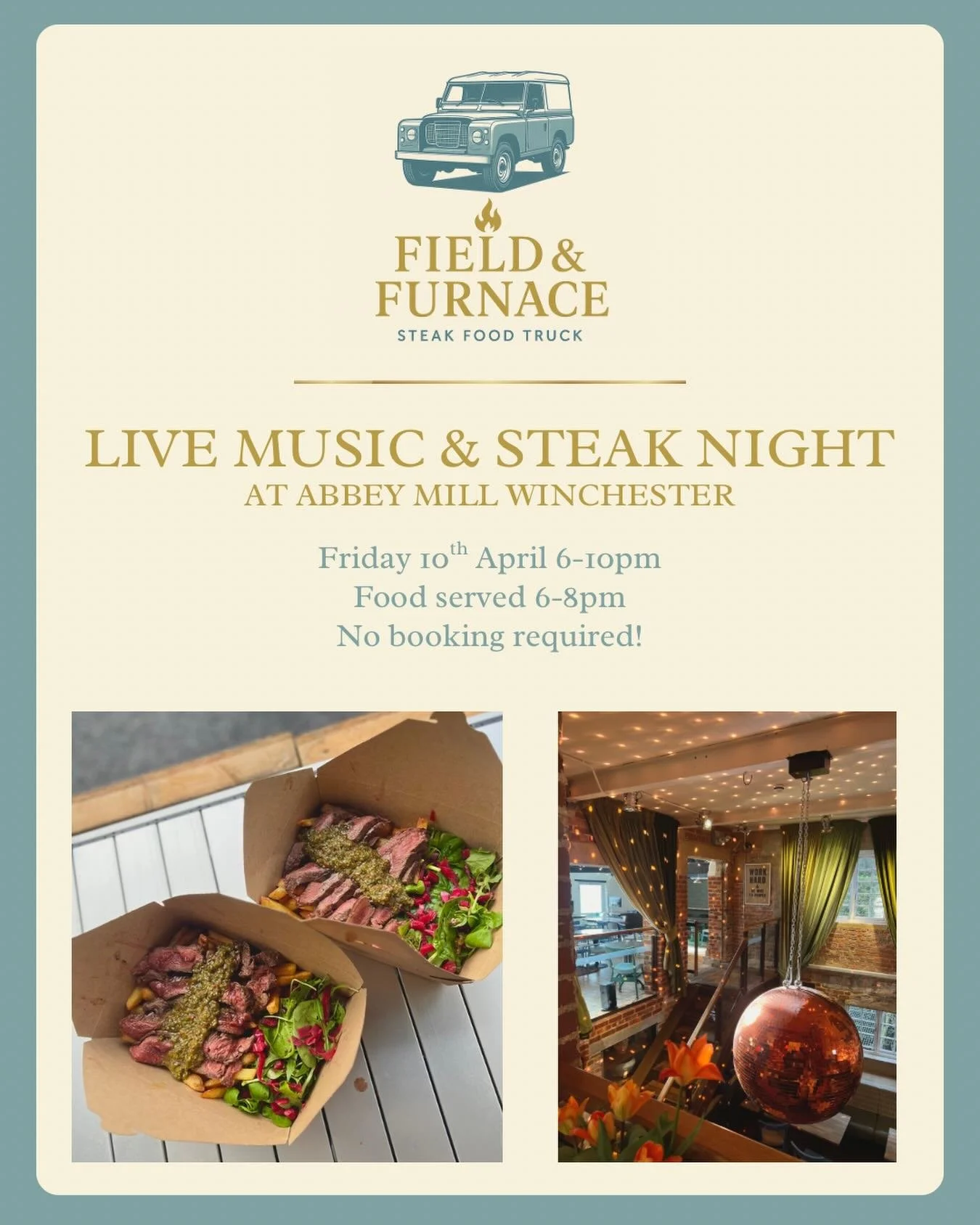 This Friday!! Steak and a fantastic live singer! 6-10pm it&rsquo;s gonna be lovely! @abbeymillwinchester