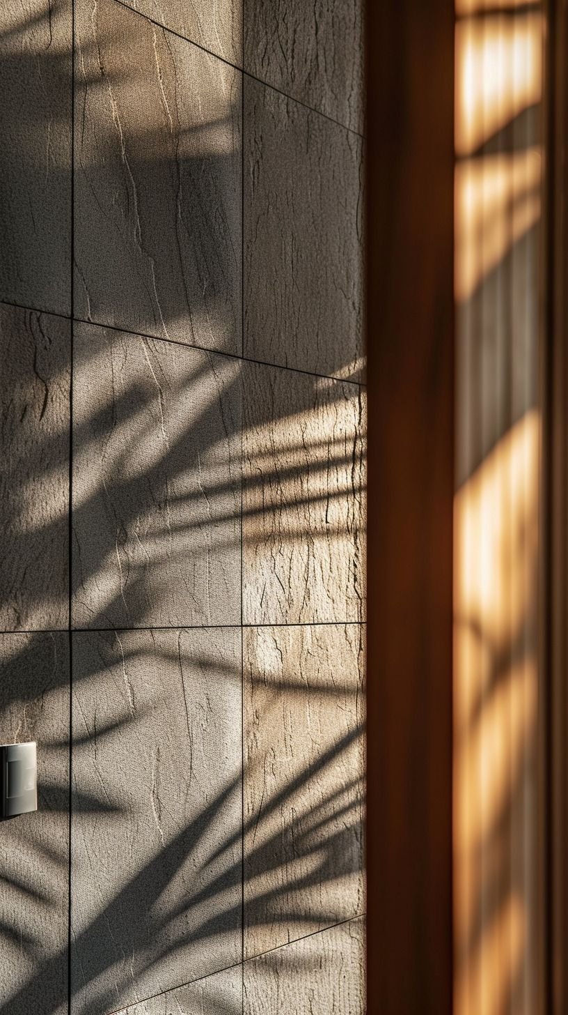 Close-up of textured stone wall with warm shadow play and natural light in refined contemporary villa in Cascais.