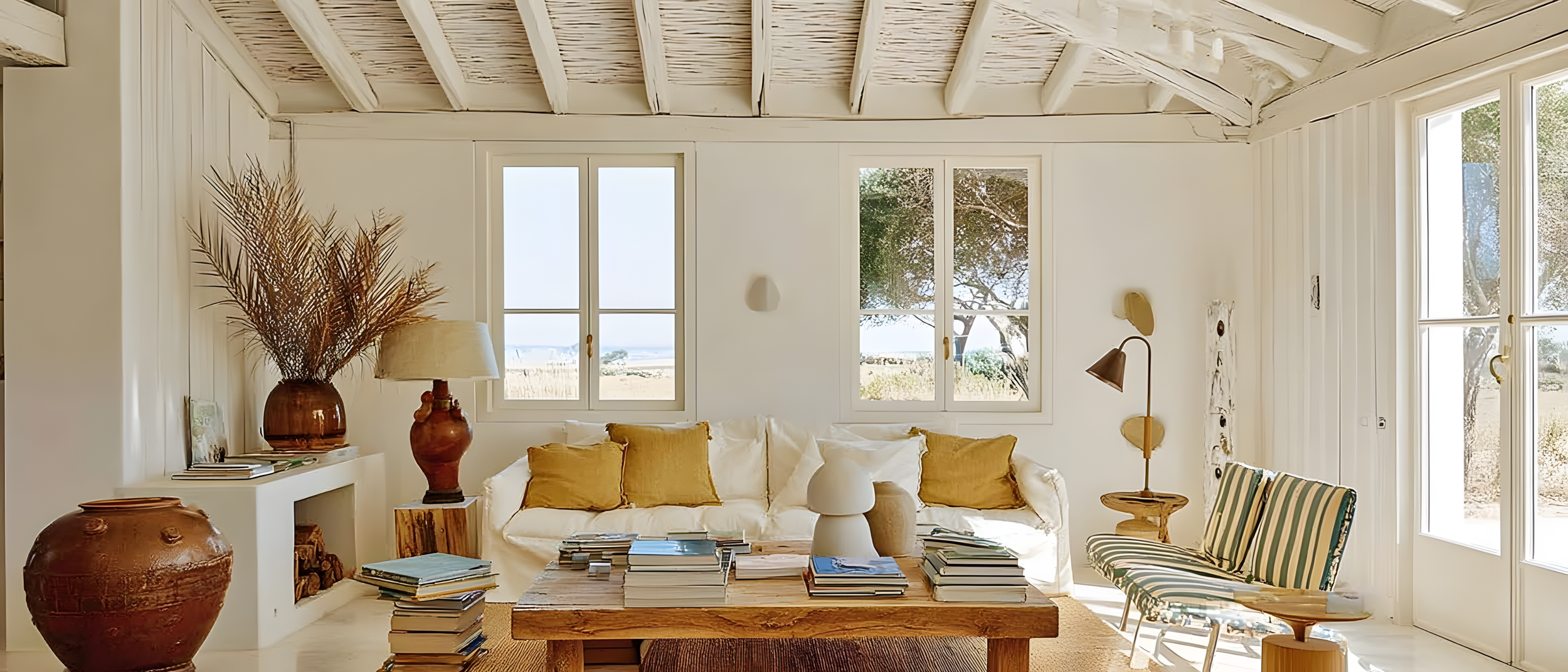 Rustic contemporary living room designed for a coastal house in Comporta with warm neutral tones, natural textures and bespoke styling.