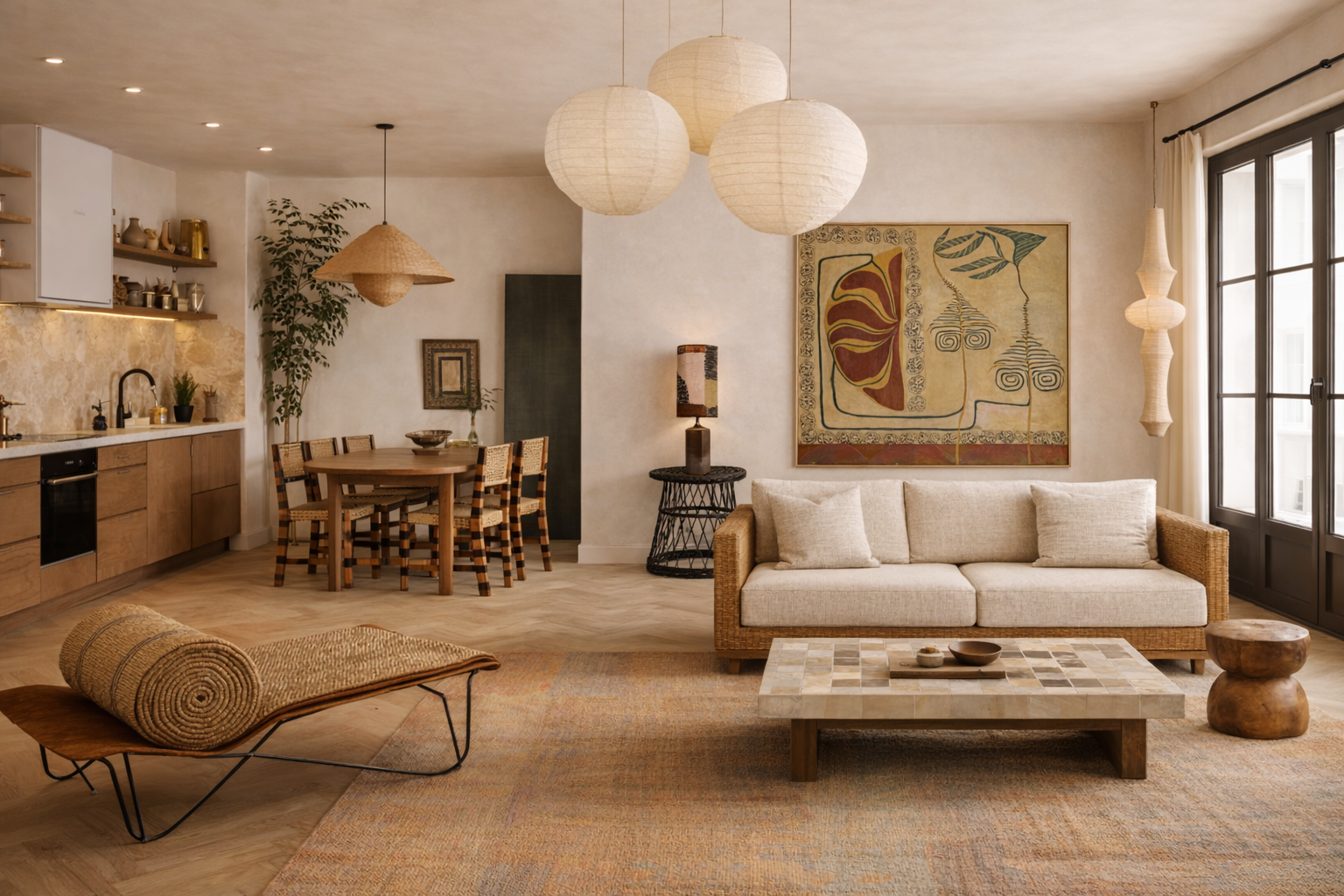 Warm contemporary living room with natural textures, curated artwork and Mediterranean-inspired interior design in Casa Atlas, Lisbon.