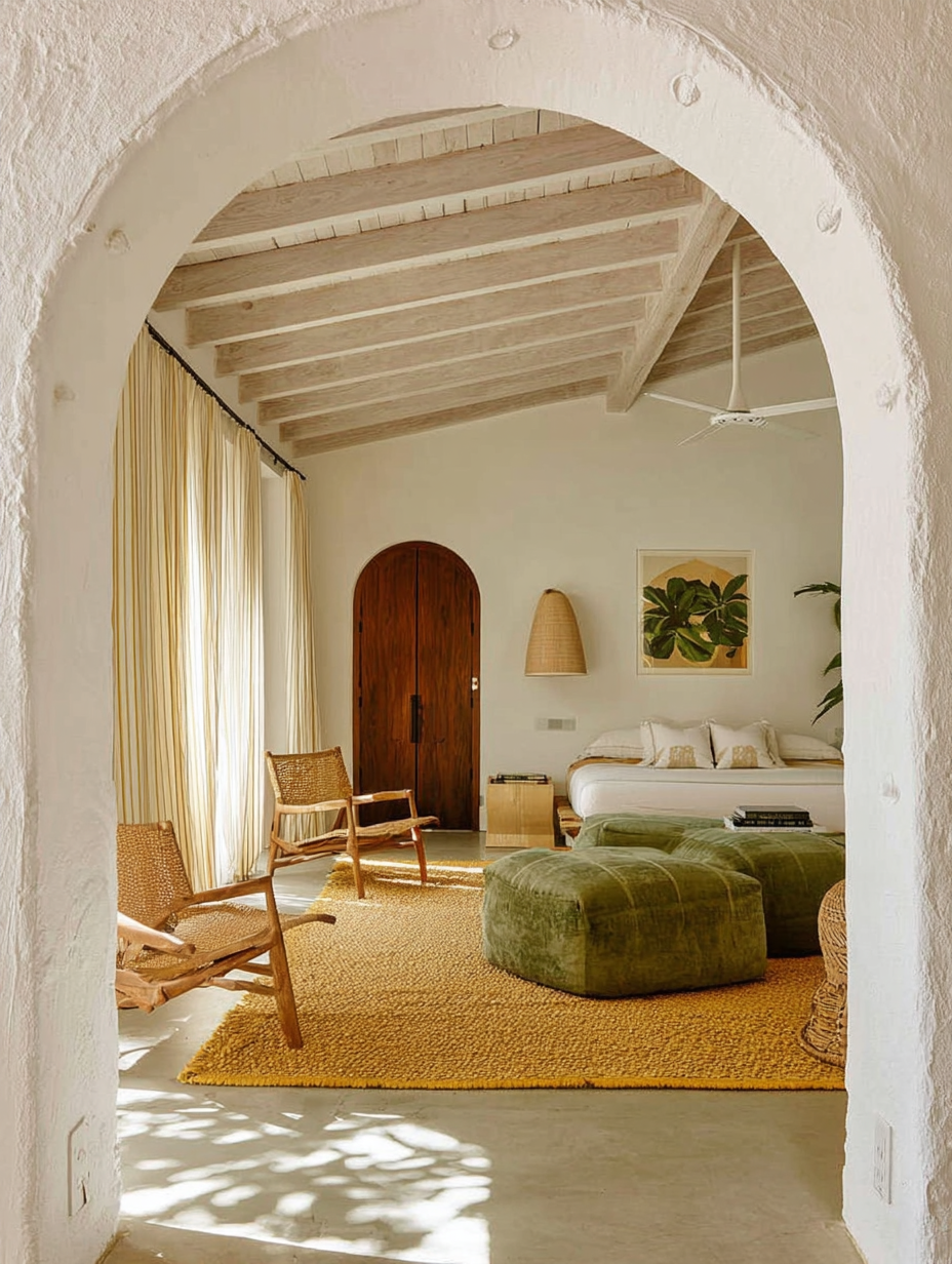 Mediterranean-inspired bedroom with natural textures, warm neutral palette and curated residential interior design details.