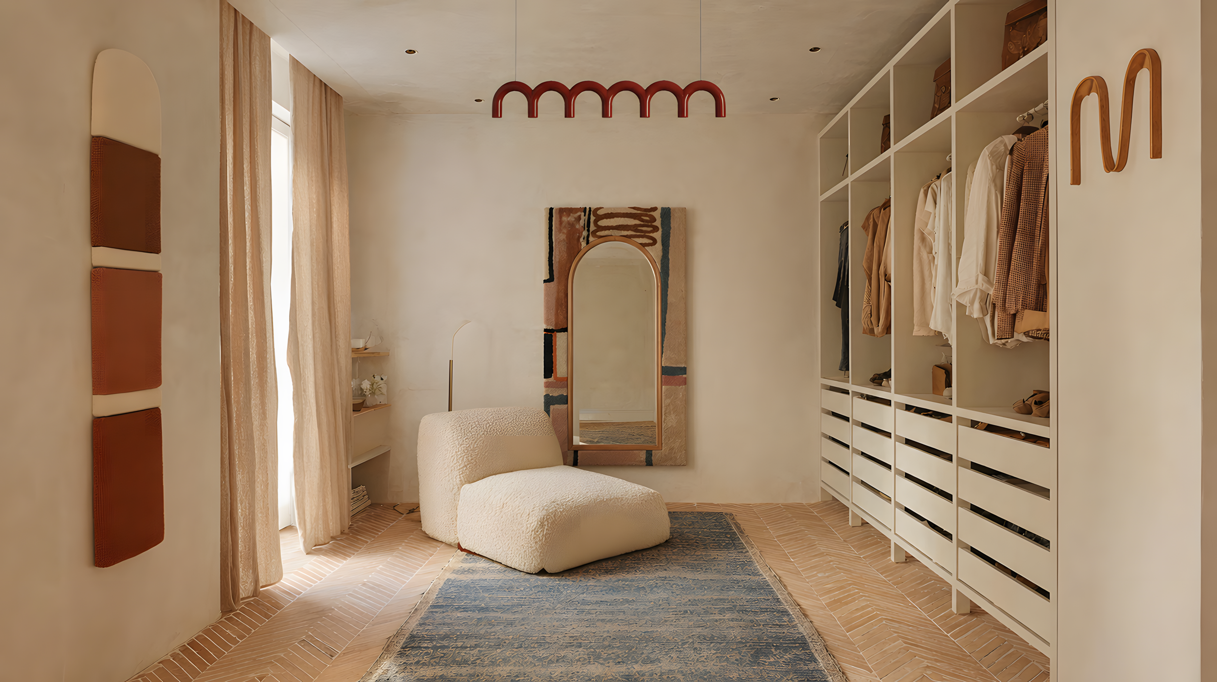 Minimal dressing room interior with custom open wardrobe, terracotta floor tiles, sculptural lounge chair and warm neutral palette in Milan apartment by Zajal.