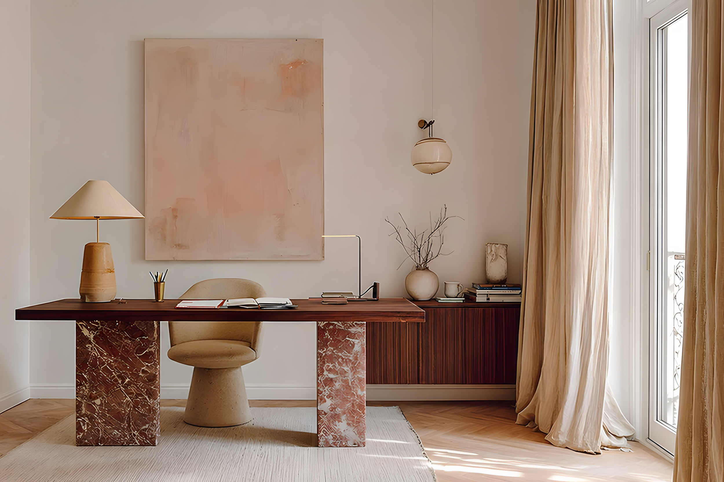 Elegant home office with marble desk base, warm wood finishes, soft neutral palette and contemporary styling in Milan residential interior design project by Zajal.