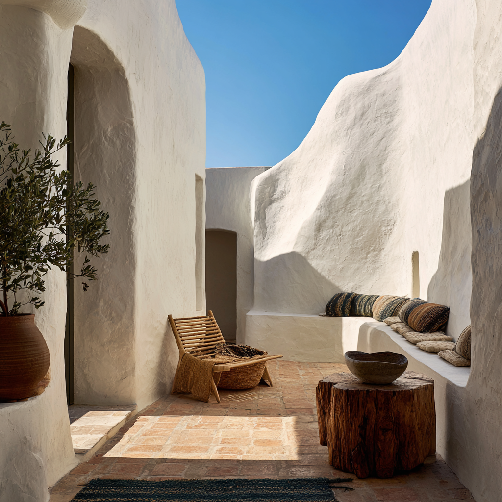 Minimalist Mediterranean courtyard with white plaster walls, natural textures and sculptural light. Project by Zajal.