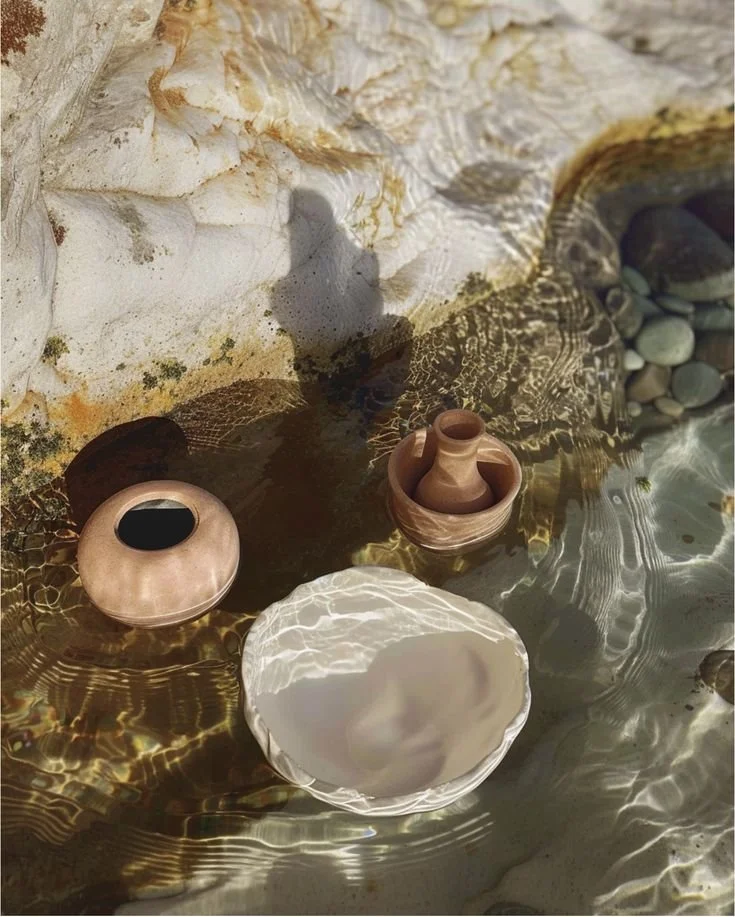 Handcrafted ceramic objects reflected in Mediterranean coastal water with warm sunlight and natural stone textures.
