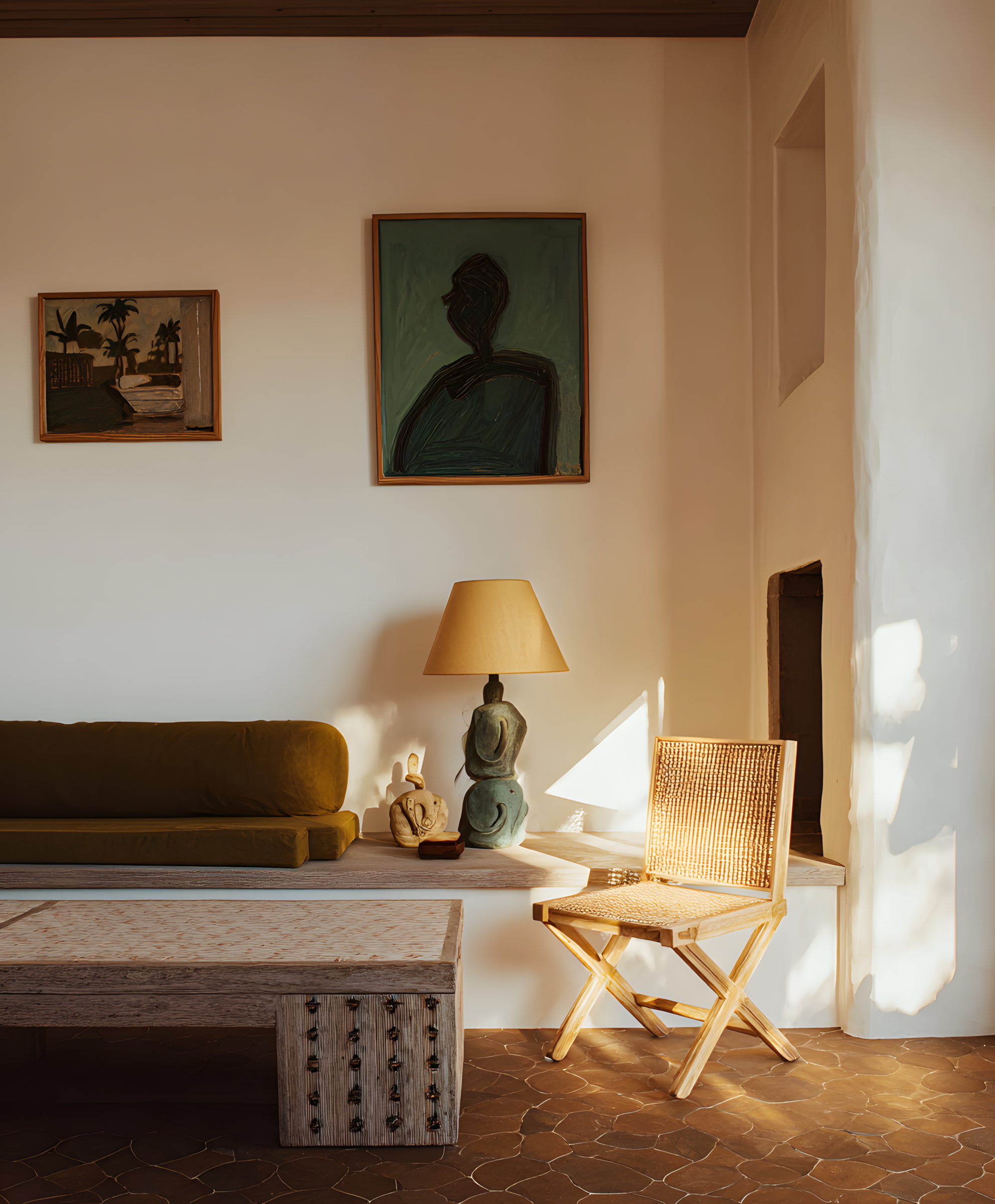 Warm residential interior with natural materials, sculptural decor, soft sunlight and Mediterranean-inspired interior design.
