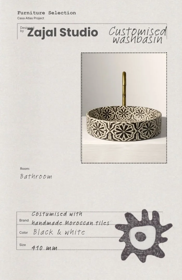 Custom Moroccan tile washbasin selected for the Casa Atlas bathroom interior design project in Lisbon.