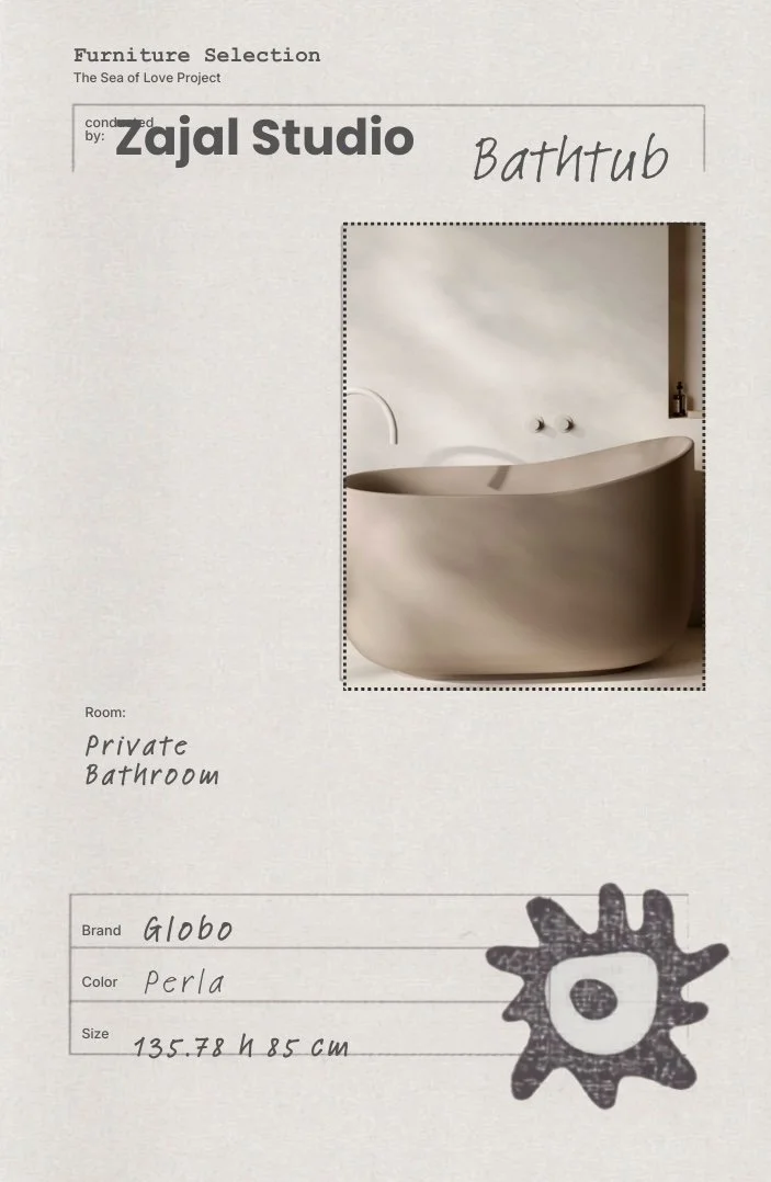 Globo freestanding sculptural bathtub selected for the Sea of Love interior styling and bathroom design project.