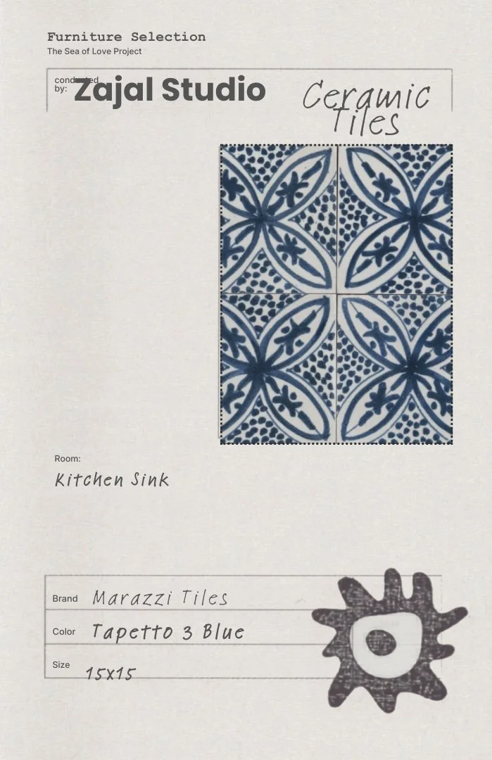 Mediterranean-inspired blue ceramic tile selection curated for the Sea of Love kitchen and interior design project.