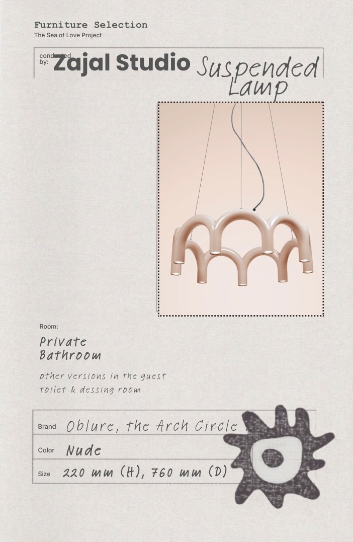 Oblure sculptural suspended lighting selected for the Sea of Love luxury bathroom interior concept.