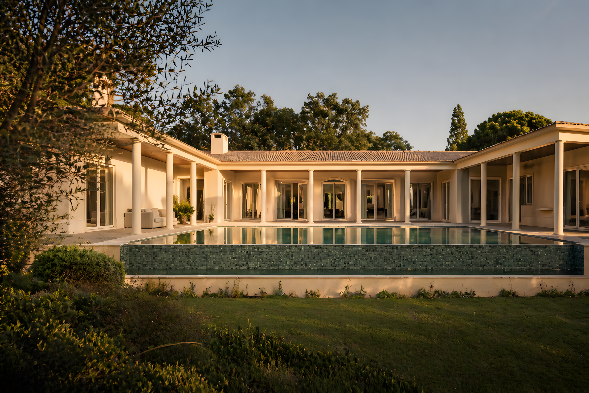 Luxury contemporary villa with central pool courtyard and Mediterranean-inspired architecture in Quinta do Patino, Cascais.