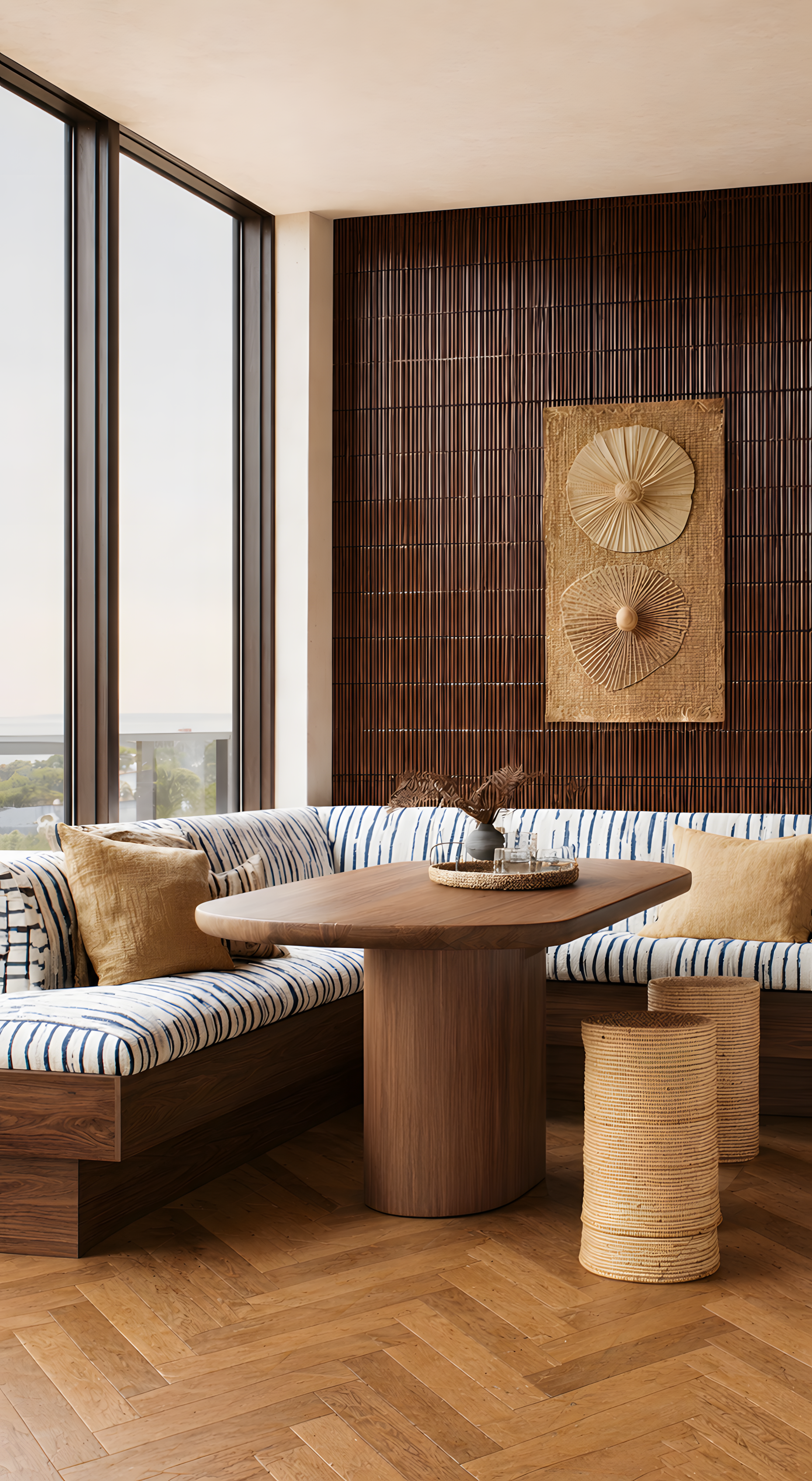 Built-in dining nook with striped upholstery, dark wood paneling and Mediterranean-inspired textures in residential interior design project in Milan.