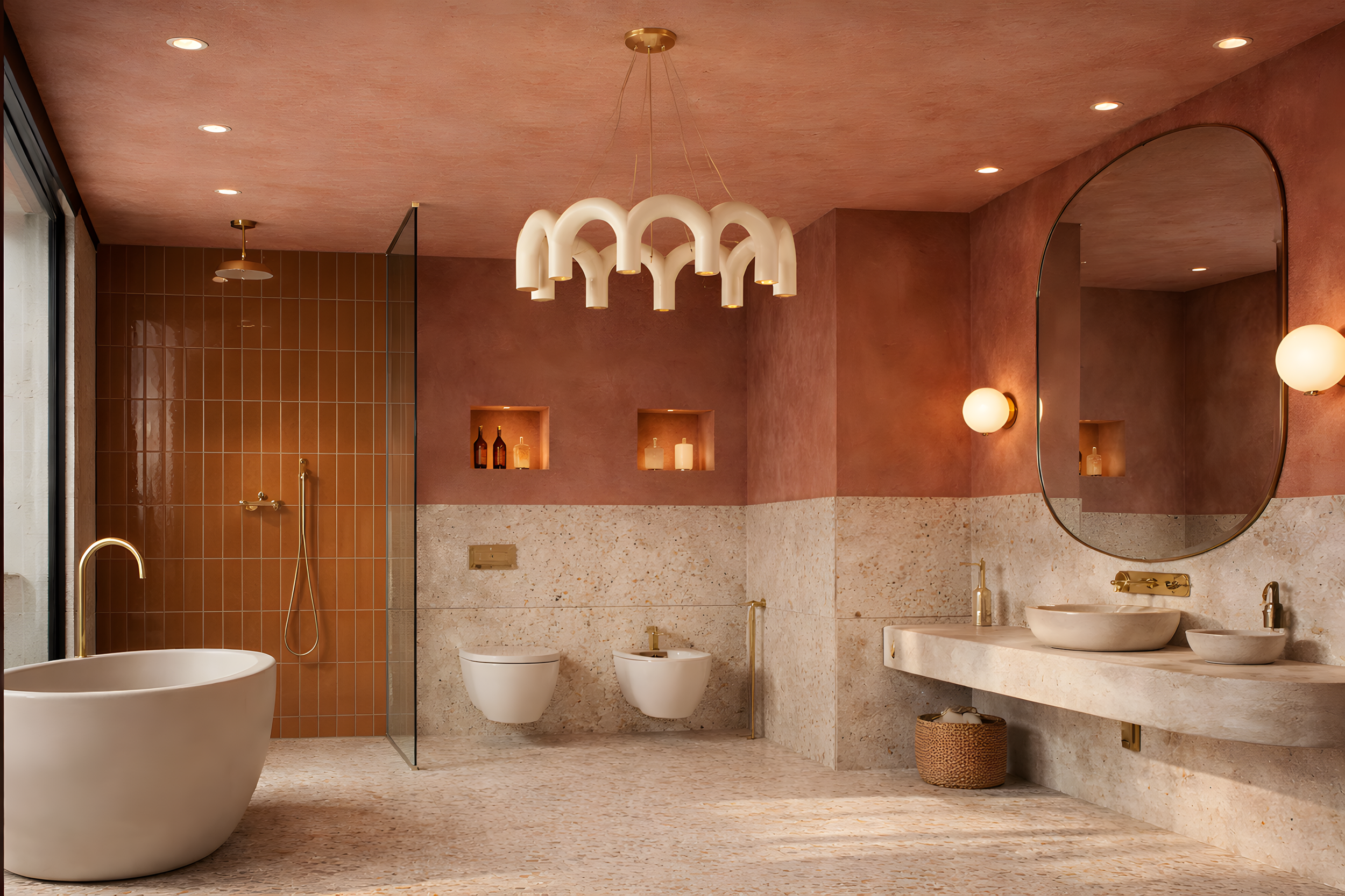 Terracotta-toned bathroom with terrazzo finishes, sculptural lighting, freestanding bathtub and warm Mediterranean atmosphere in Milan apartment interior.
