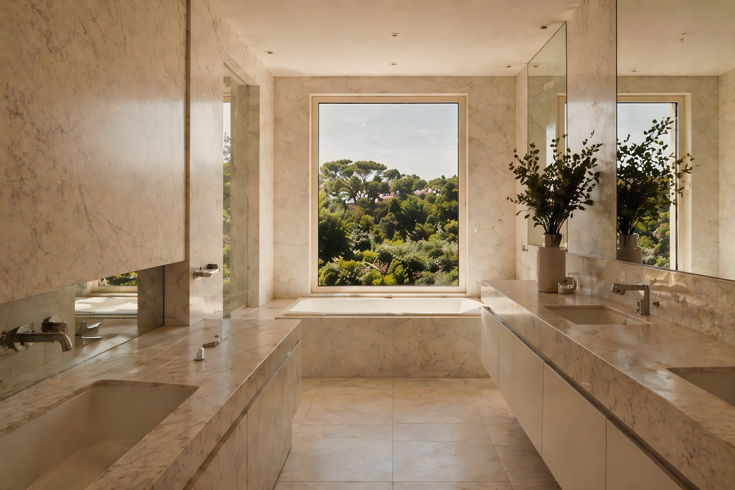 Minimal marble bathroom with panoramic landscape views and warm contemporary luxury aesthetic in Quinta do Patino villa.