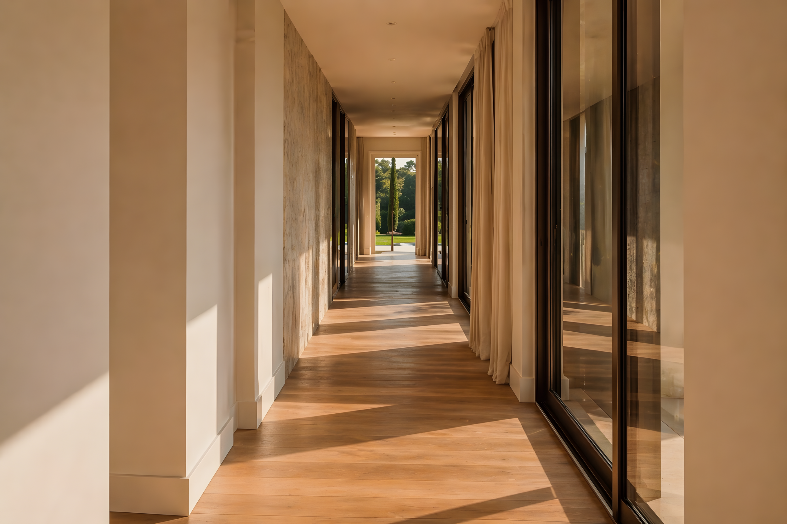 Long sunlit corridor with warm oak flooring, floor-to-ceiling glazing and quiet luxury detailing in The Pine Grove House, Cascais.