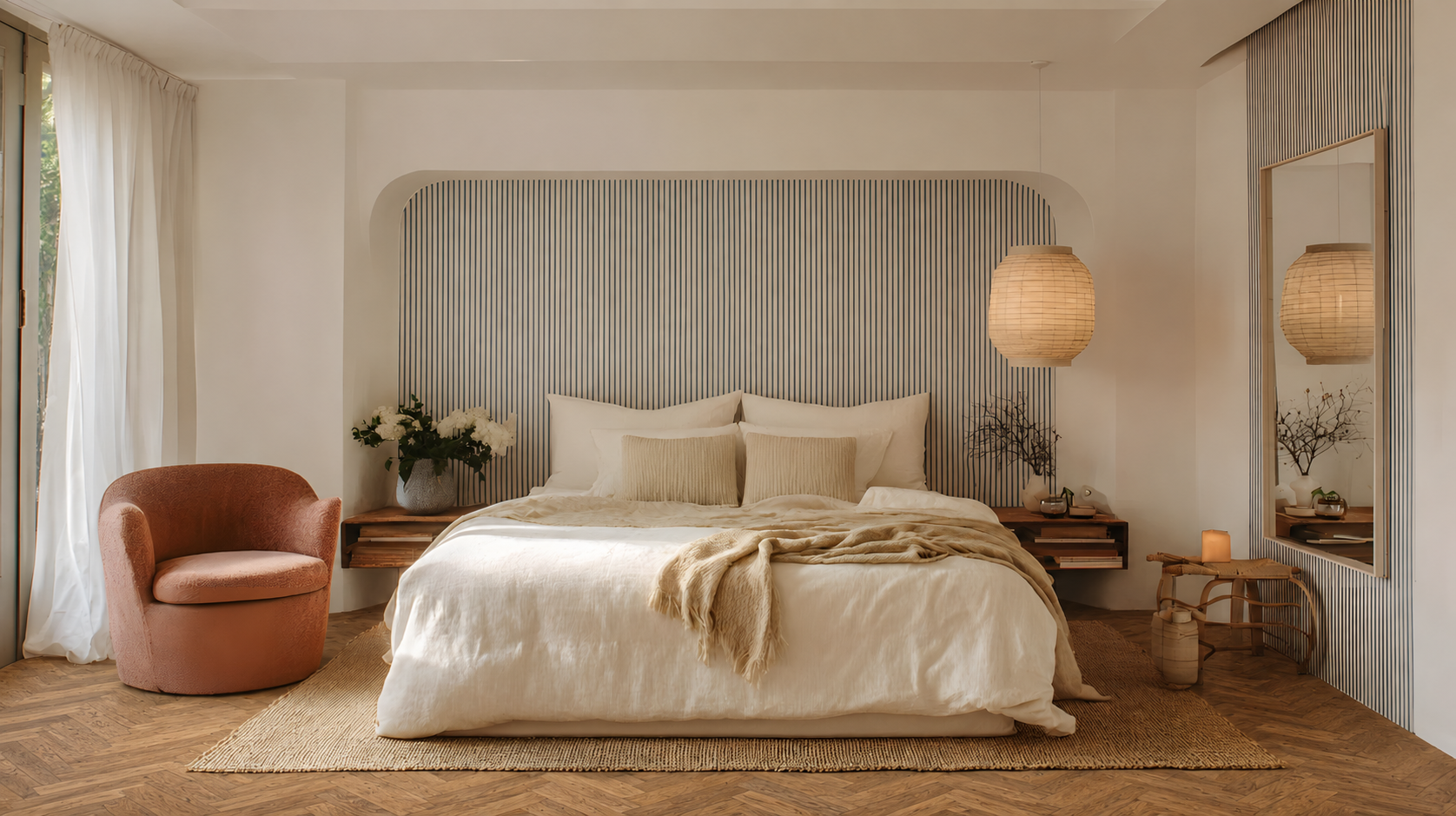 Restorative bedroom with warm neutral tones and natural textures at The Sea of Love Apartment in Milan.