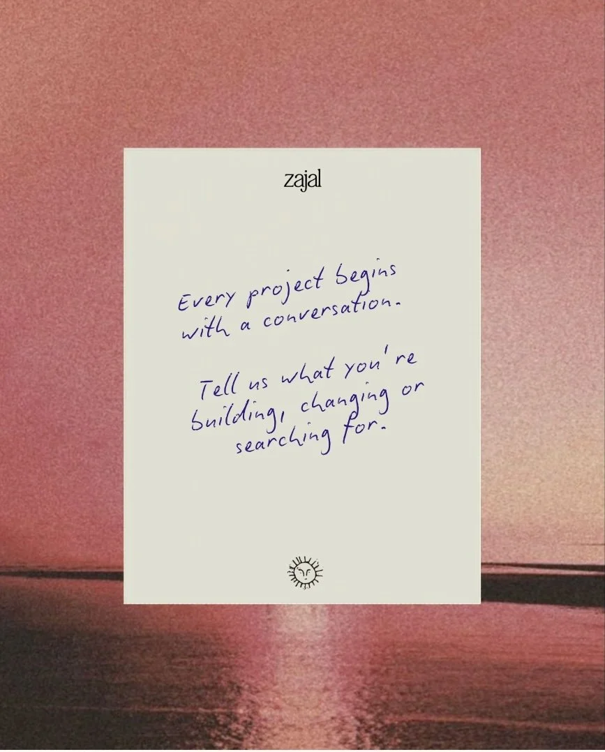 Mediterranean sunset with handwritten note reflecting Zajal Studio’s conversational and narrative-led design approach.