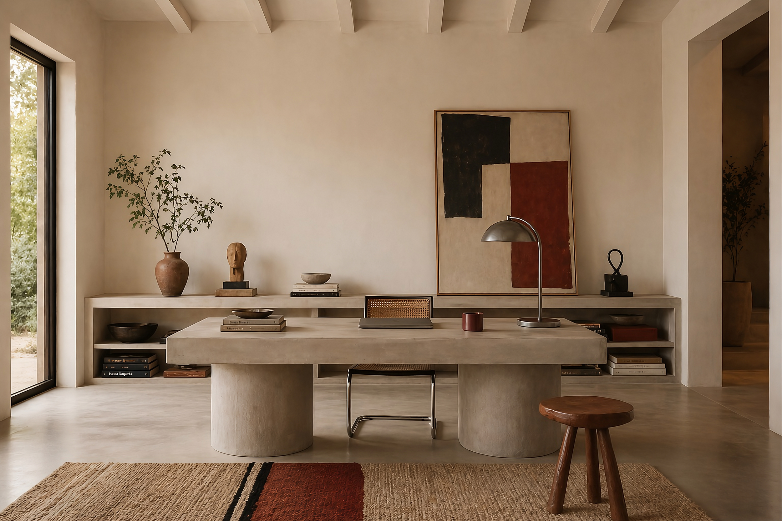Home office interior with a bespoke sculptural desk, integrated shelving and warm mineral tones at The Study in Matosinhos.