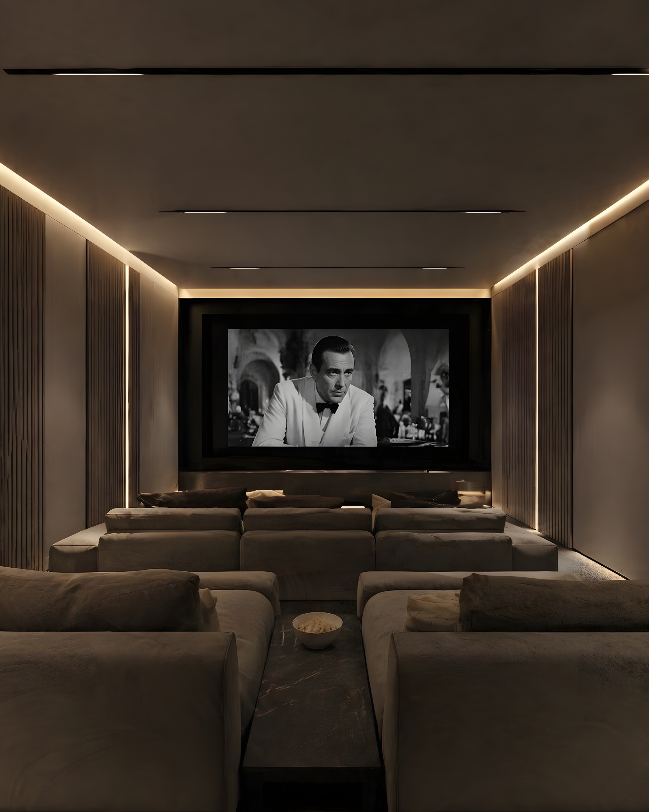 Private home cinema with ambient lighting, dark wood paneling and plush seating in luxury property in Cascais.