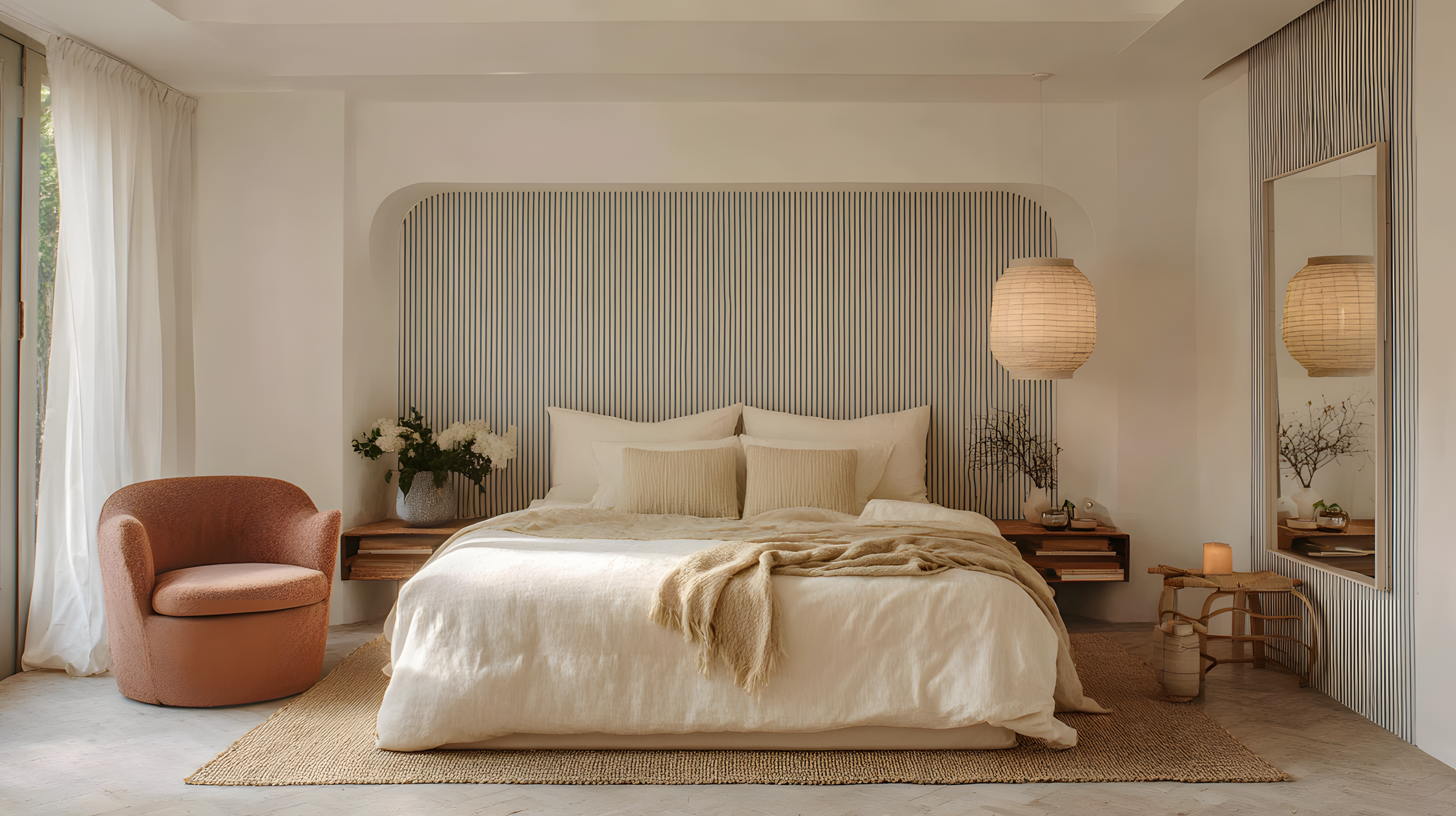 Warm Mediterranean-inspired bedroom design in Milan apartment with striped blue headboard wall, linen bedding, woven textures and soft natural light by Zajal.