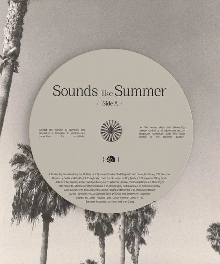 Vintage-inspired Mediterranean summer moodboard with palm trees, soft monochrome tones and nostalgic editorial typography.
