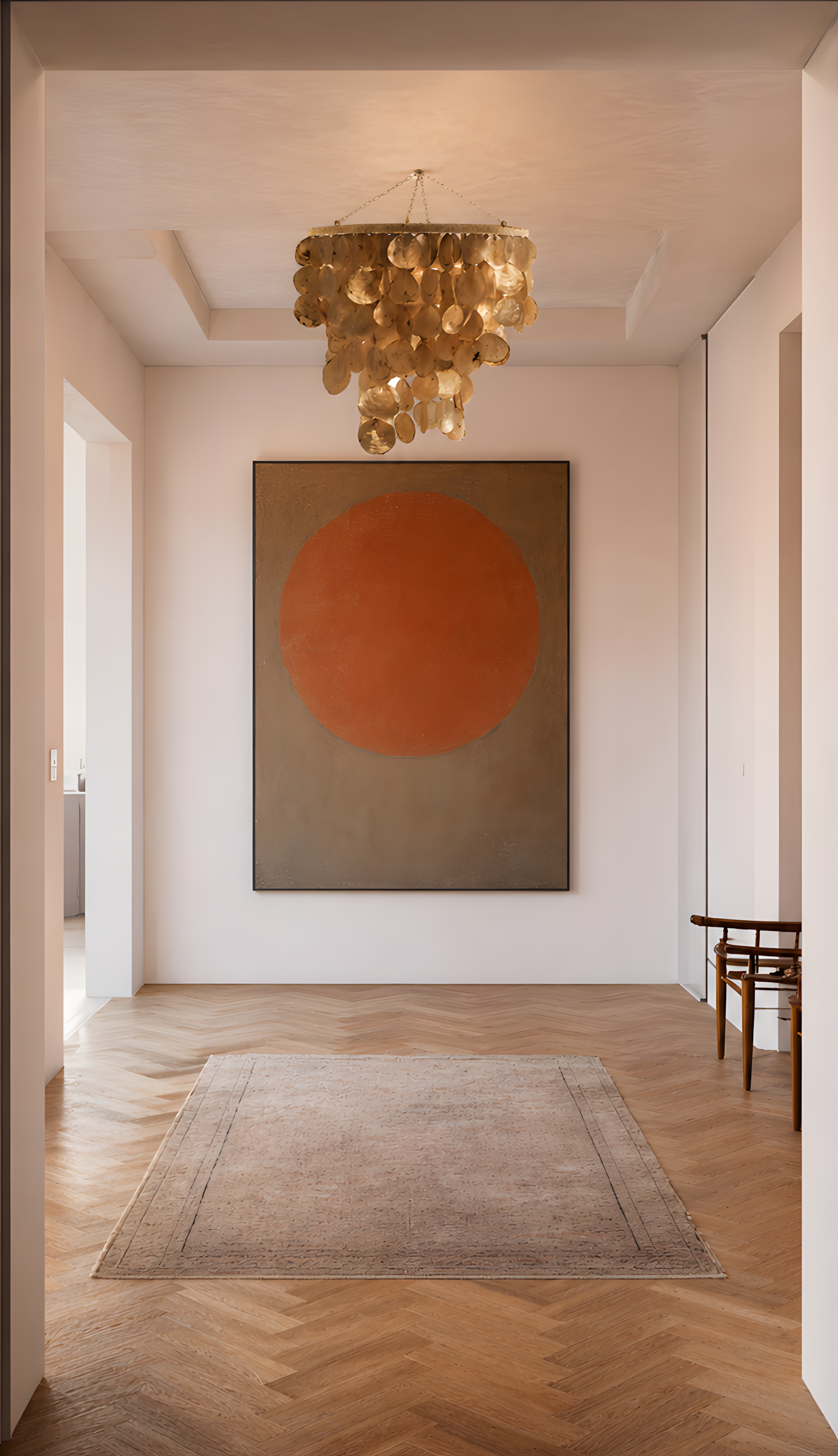Minimal hallway with oversized contemporary artwork, brass shell chandelier and herringbone wood flooring in Milan residential interior design project.