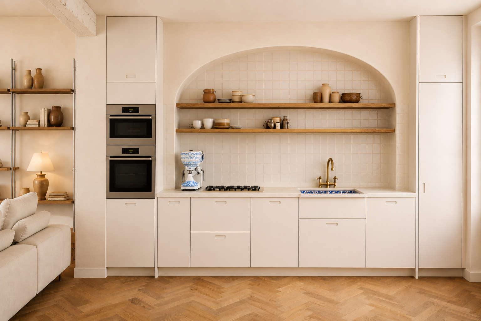 Kitchen interior combining warm wood cabinetry and Mediterranean influences at The Sea of Love Apartment in Milan.