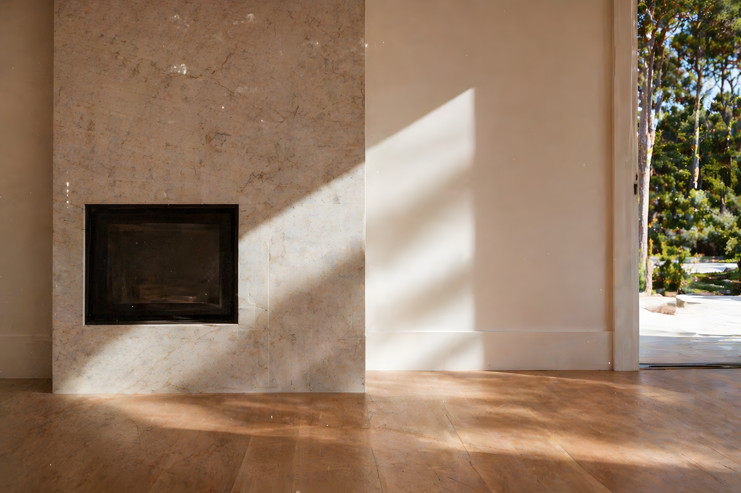 Minimal limestone fireplace with warm natural light and refined material palette in luxury villa in Quinta do Patino, Cascais.