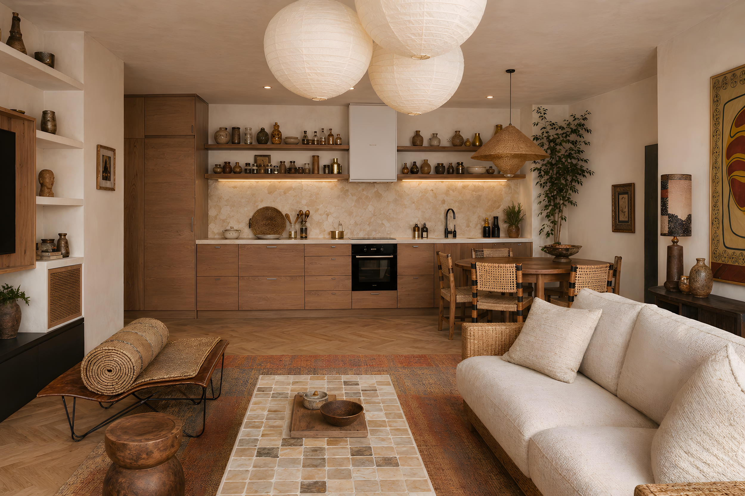 Open-plan kitchen and dining space with warm wood cabinetry, artisanal decor and boutique apartment aesthetic in Casa Atlas, Lisbon.