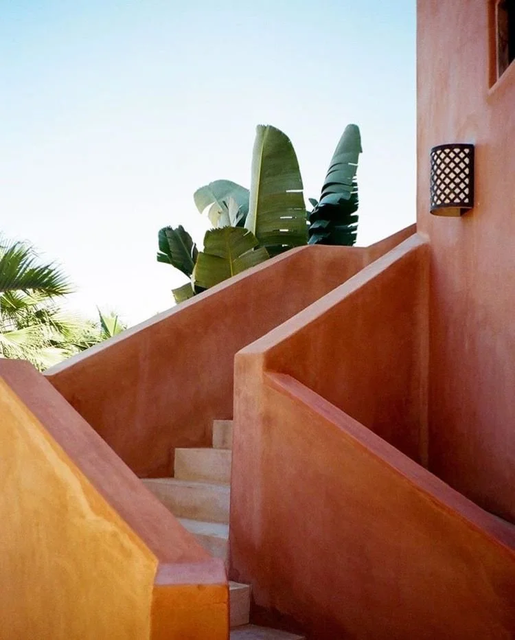 Warm terracotta architectural staircase with tropical elements and hospitality-inspired property positioning aesthetic.