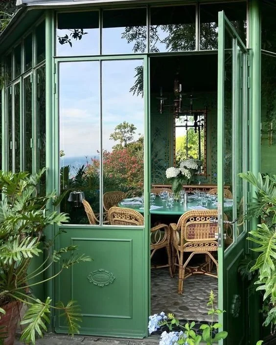 Villa Mabrouka in Tangier featuring green architectural details, Mediterranean garden interiors and the former home of Yves Saint Laurent.