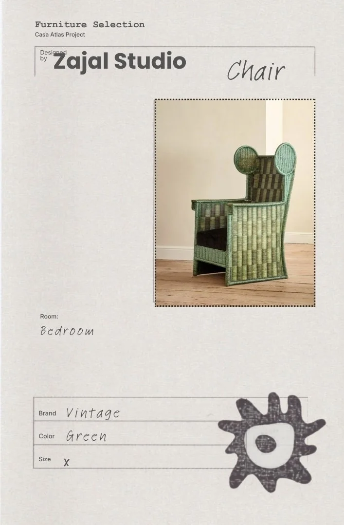 Vintage green woven chair selected for the Casa Atlas bedroom interior styling project in Lisbon.