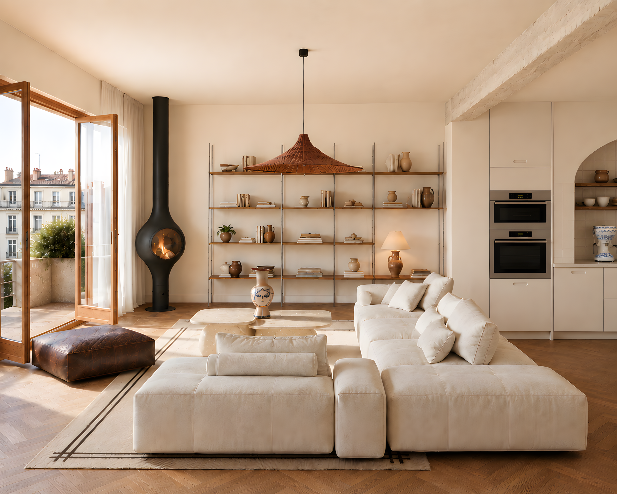 Living room with sculptural Focus fireplace, Saba sofa and warm Mediterranean material palette at The Sea of Love Apartment in Milan.