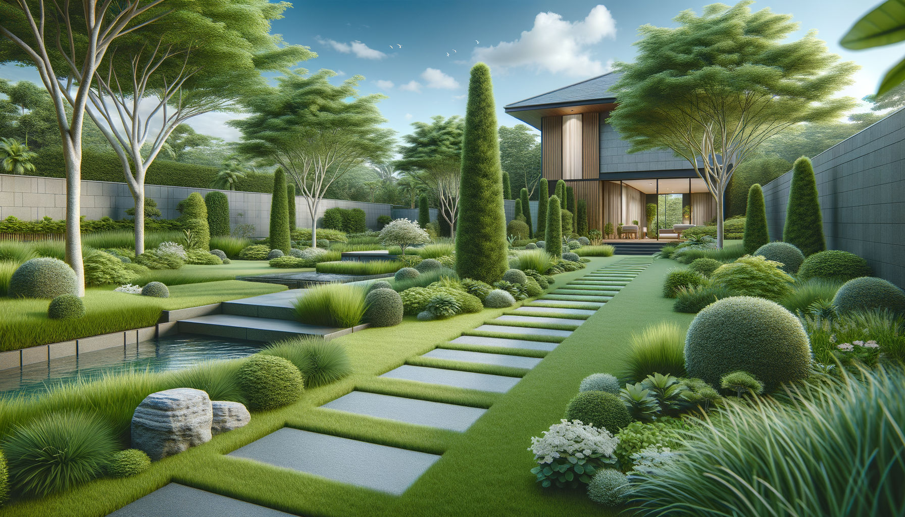 Modern backyard garden with lush green grass, trimmed shrubs, decorative trees, stepping stones, water features, and a contemporary house in the background.