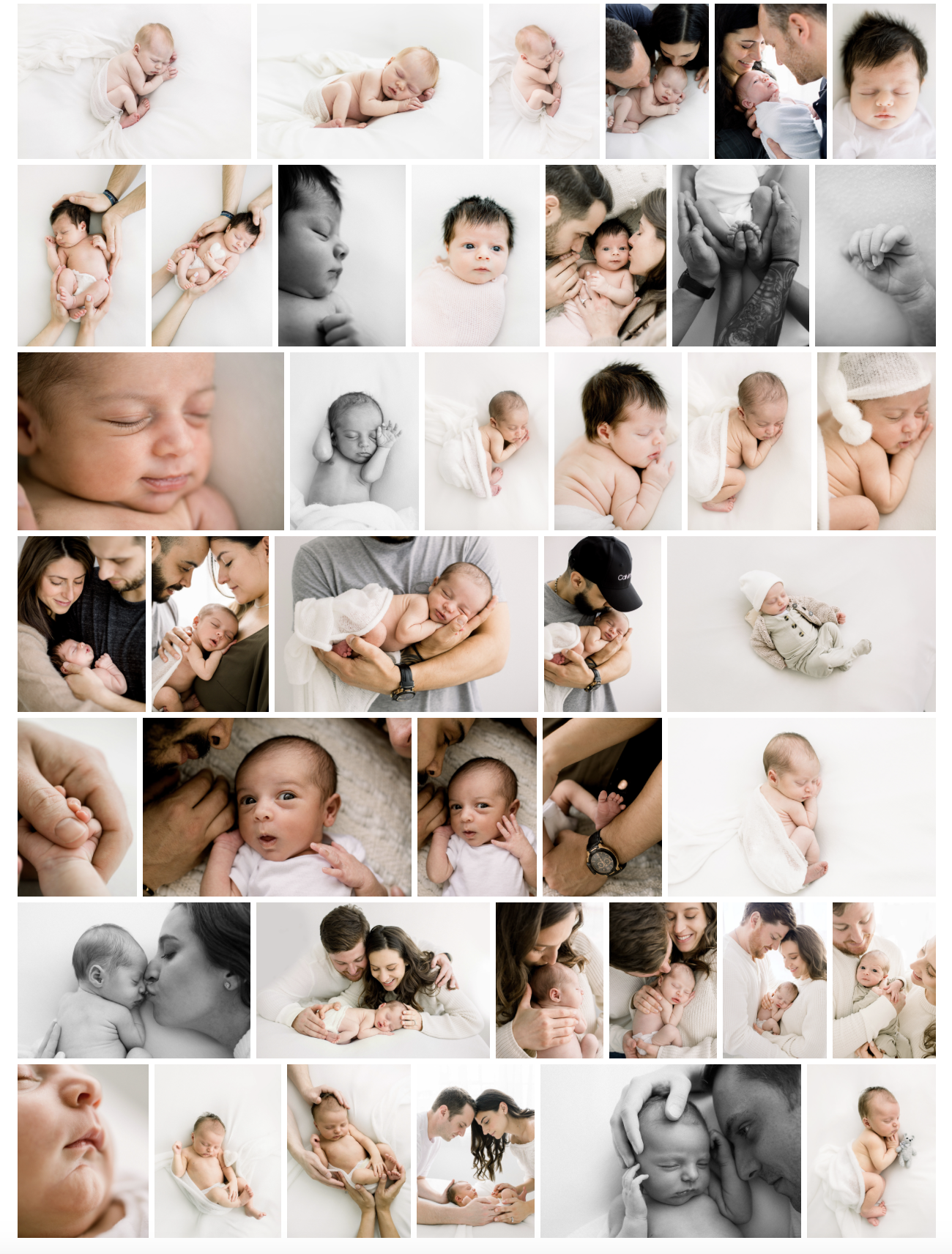 Collection of photos featuring newborns, infants, and families, including close-up shots of babies sleeping and being held, with some black and white images and others in color. Family members are shown cuddling and bonding with the babies in various cozy settings.