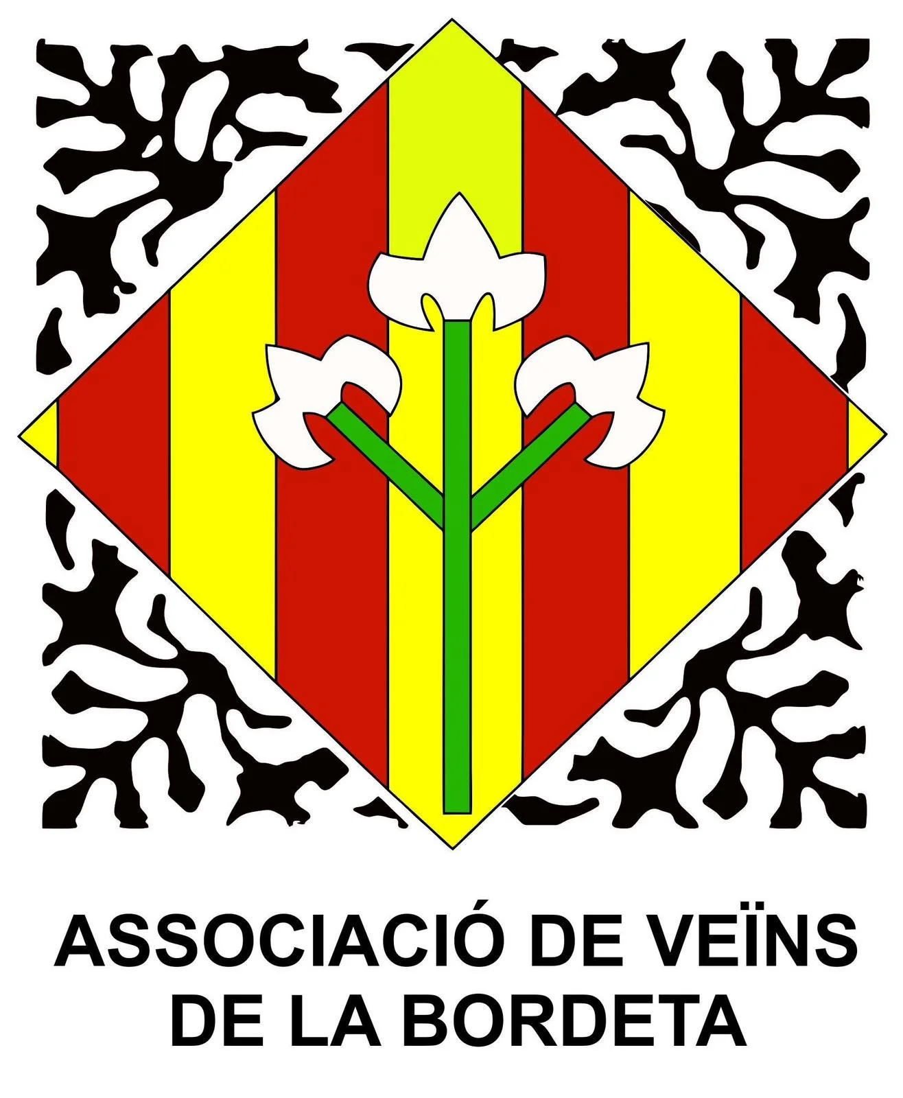 Logotipo de la Asociación de Vecinos de la Bordeta con un diseño de un ramo de flores blancas con tallos verdes, sobre un fondo con rayas verticales rojas y amarillas y un marco negro con textura de ramas.