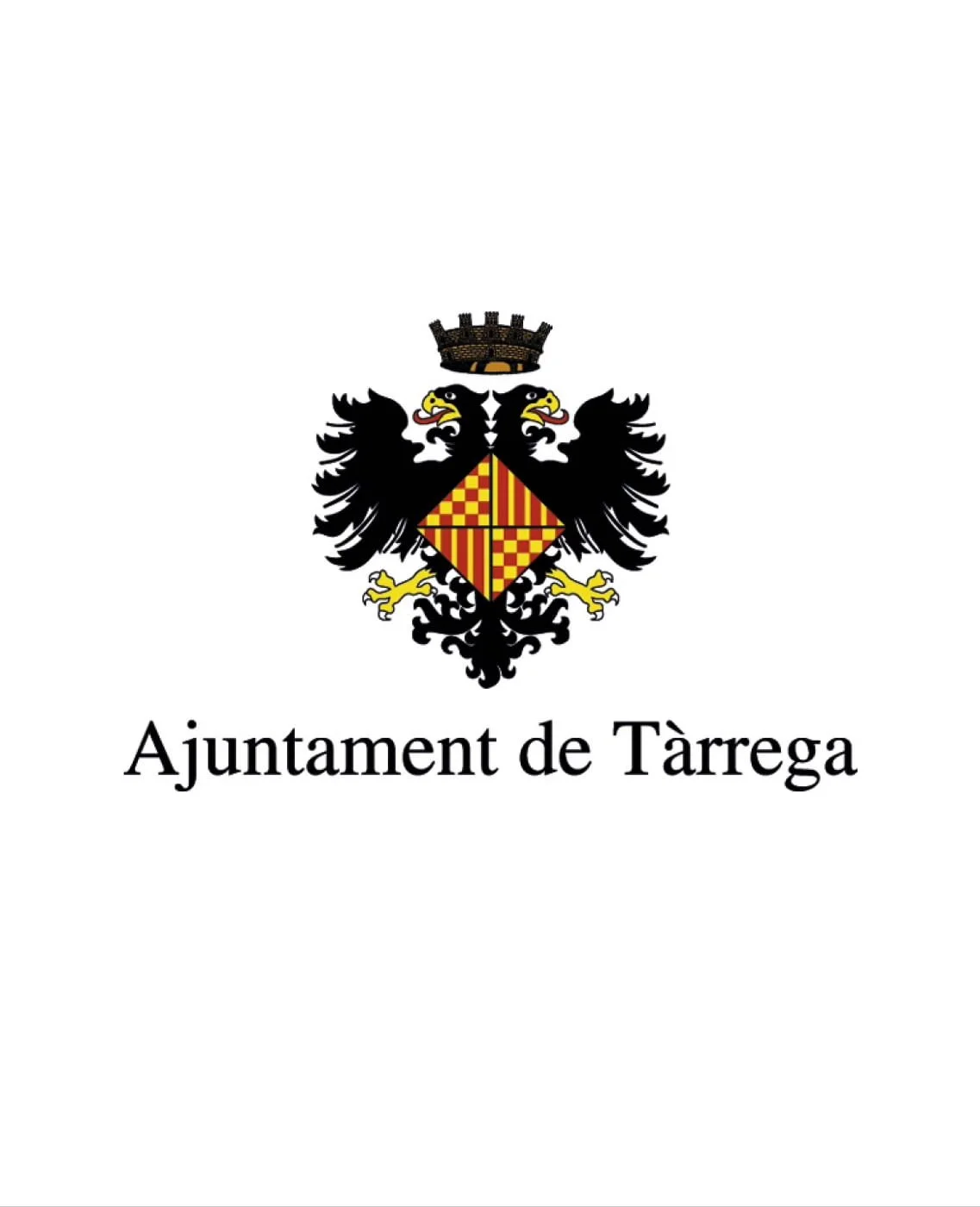 Escudo heráldico con un águila negra, corona y escudo en el centro con colores rojo y amarillo, y texto que dice 'Ajuntament de Tàrrega'.